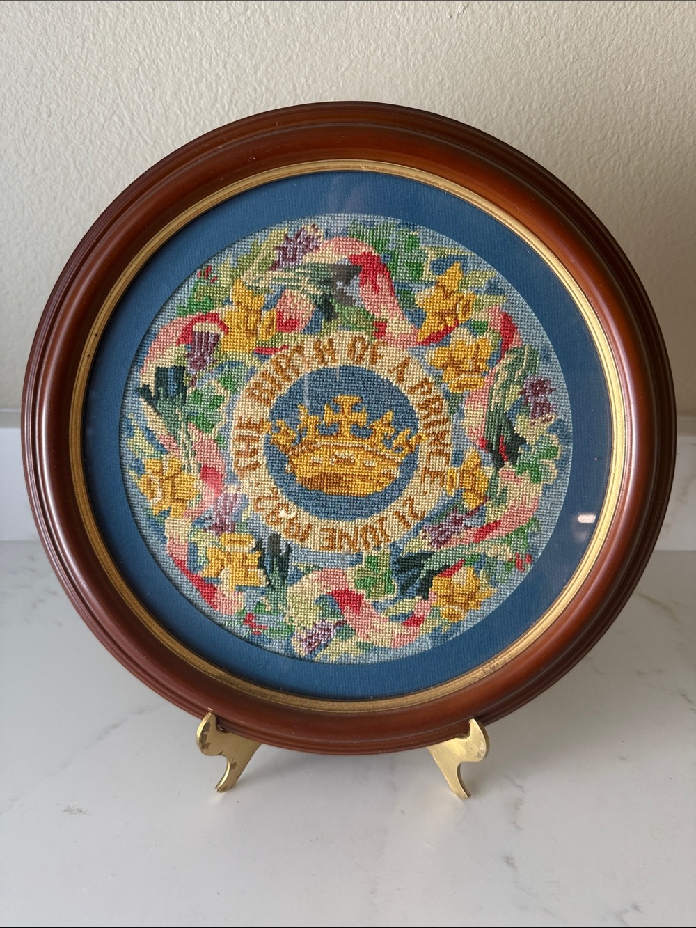 Vintage petit pointe needlepoint “The Birth of a Prince 21 June 1982”